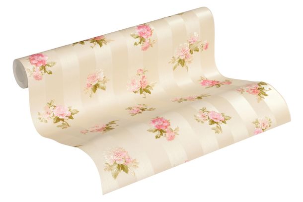 Tapete Vlies Streifen mit Blüten creme grün 30447-4