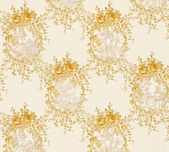 Wallpaper cottage style floral white gold gloss 34499-3