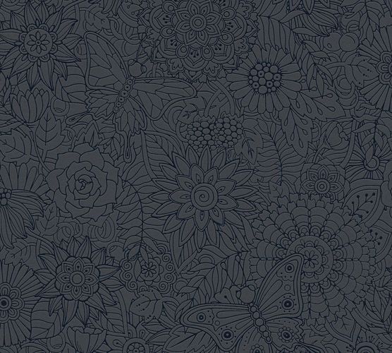 Non-woven Wallpaper pop-art floral tropical black gloss 35816-2