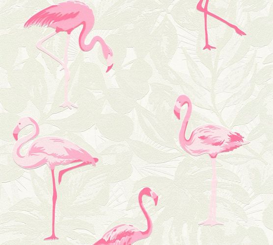 Product view Non-woven Wallpaper flamingo design light green pink gloss 35980-1