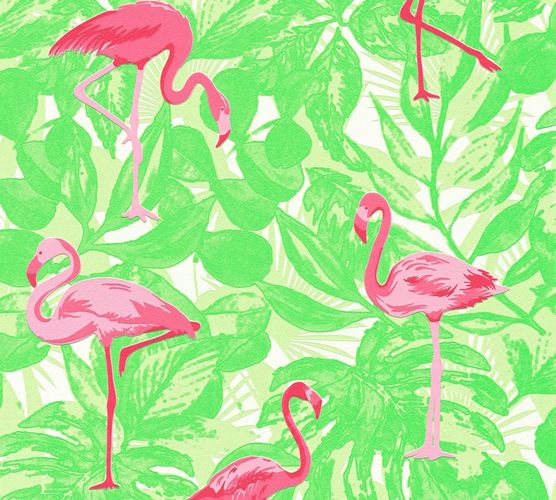 Detail picture Non-woven Wallpaper flamingo design neon-green pink gloss 35980-2