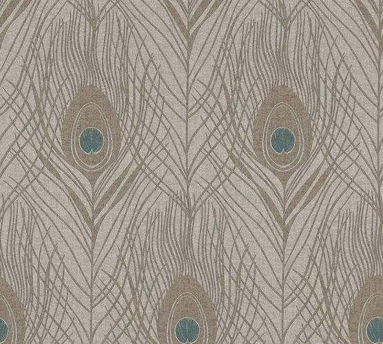 Non-Woven Wallpaper Feathers Peacock light brown turquoise