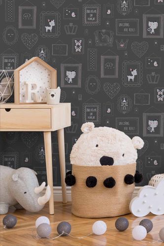 Kids Wallpaper Cat Doe black white Glitter 36991-3