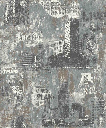 Non-Woven Wallpaper Urban City green grey Rasch 821215