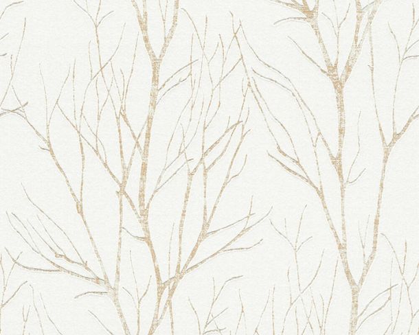 Non-Woven Wallpaper Branches cream white gold metallic