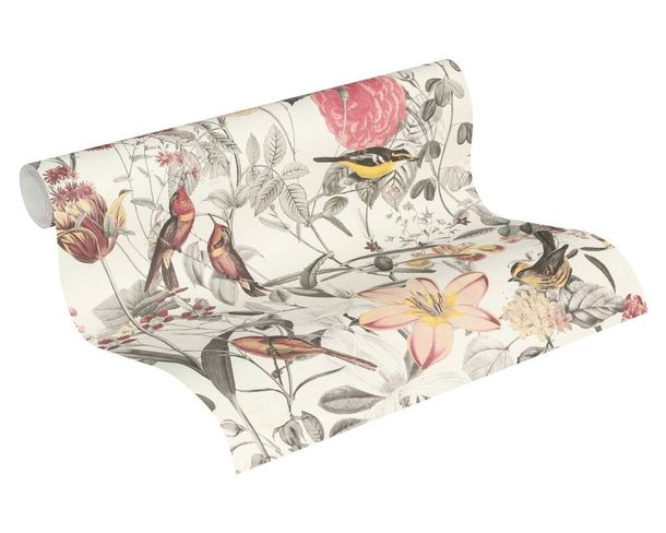 Wallpaper non-woven 37276-1 nature birds white yellow grey 