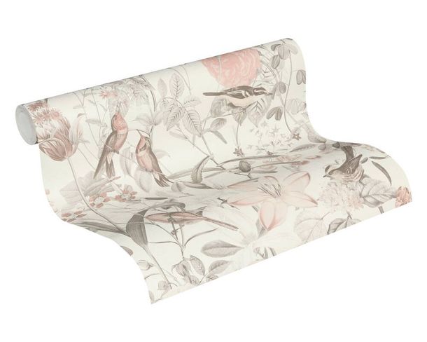 Wallpaper non-woven 37276-2 nature birds weiß rose grey 