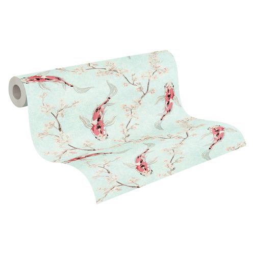 Tapete Vlies Fische Blumen blau rot Asian Fusion 37462-1