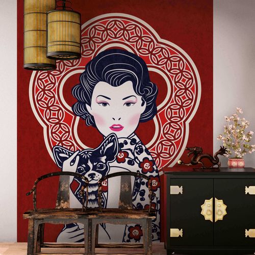 Mural Non-Woven Woman Dog red white DD118780