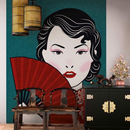 Photo Wallpaper Non-Woven Women Fan green red DD118782