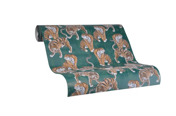 Wallpaper non-woven Tiger green brown Metallic 84872