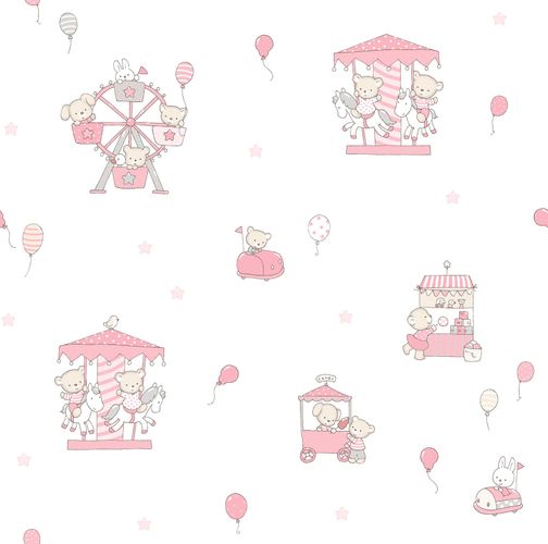 Kindertapete Papier Bär Hase weiß rosa beige 102202