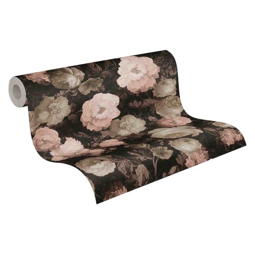 Wallpaper non-woven flowers floral black rose green 37650-4