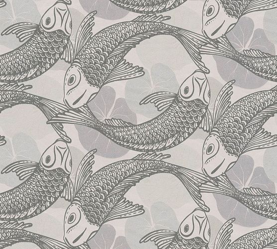 Tapete Vlies Koi Blätter grau silber Metallic 37859-1