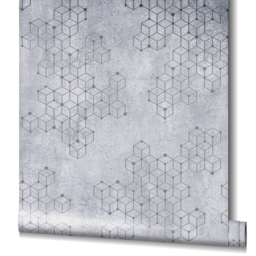 Wallpaper non-woven cubes plaster gray silver gloss