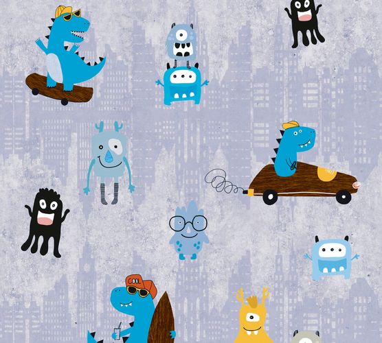 Image Kids Wallpaper Dino Monster blue grey yellow 38121-1