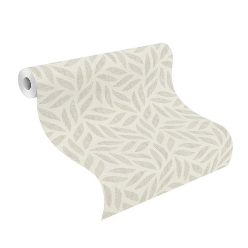 Roll Image Non-Woven Wallpaper Pattern Leaves grey white 704631