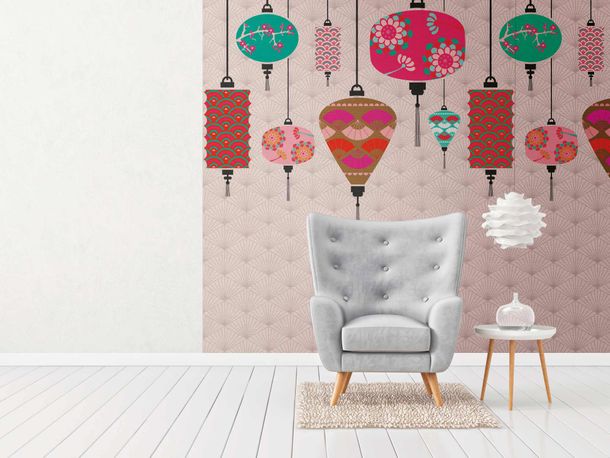 Illustration Photo Wallpaper Lanterns Asia pink red brown 38248-1