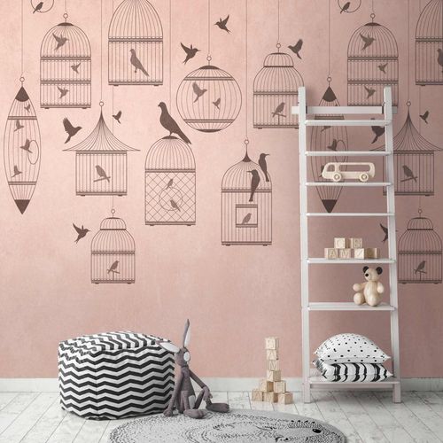Illustration Photo Wallpaper Birds Cages pink grey 38296-1
