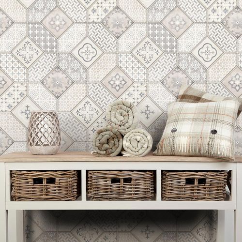 Illustration Non-Woven Wallpaper Tiles Orient beige grey 6315-02