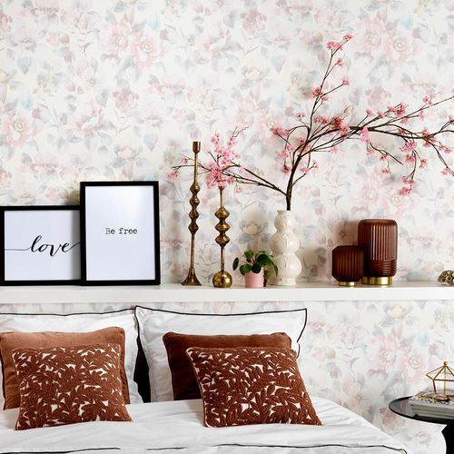 Picture Non-Woven Wallpaper Flowers white pink blue 10250-05