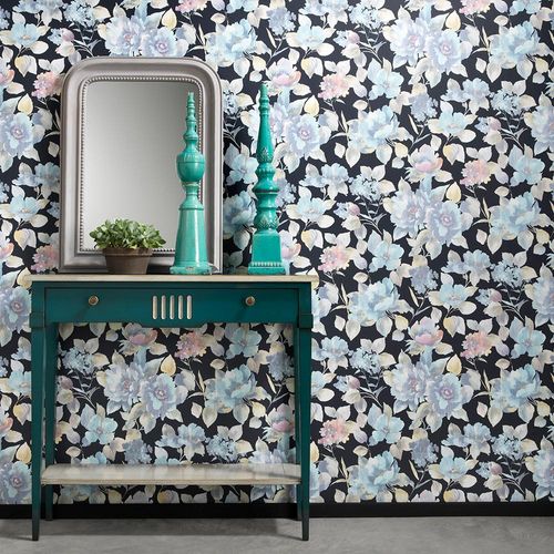 Picture Non-Woven Wallpaper Flowers black blue red 10250-08