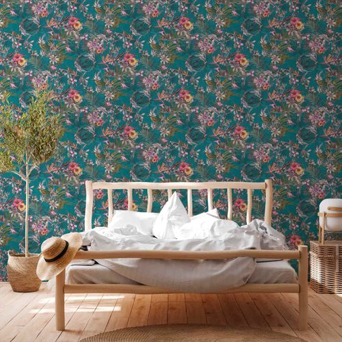 Non-Woven Wallpaper Flowers Birds turquoise 38178-3