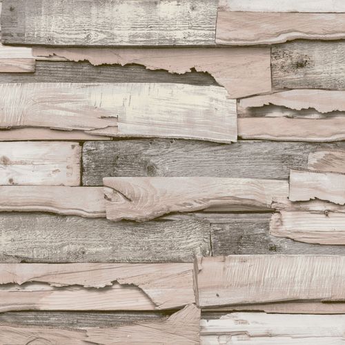 Rustic wood look wallpaper GranDeco WL1001 cream pink