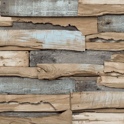 Rustic wood look wallpaper GranDeco WL1003 Beige Blue