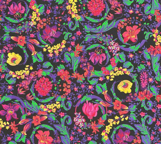 Versace non-woven wallpaper 38706-1 floral black colourful