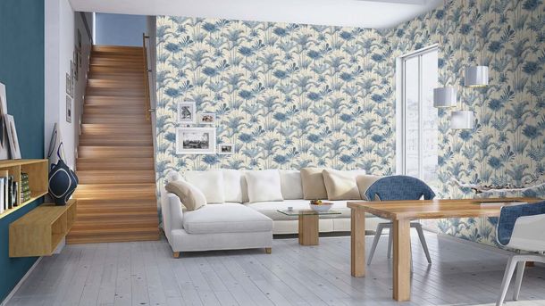 Non-woven wallpaper 555127 Rasch Beige Blue Palms