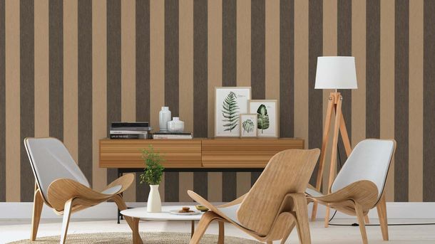 Non-woven wallpaper Rasch black beige gold striped 844030