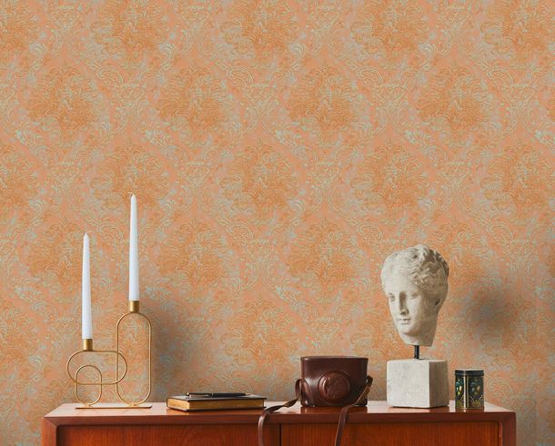 Vliestapete Orange Grün Metallic Ornamente Barock 39112-1