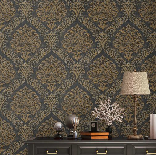 Non-woven Wallpaper black gold ornaments 39112-3