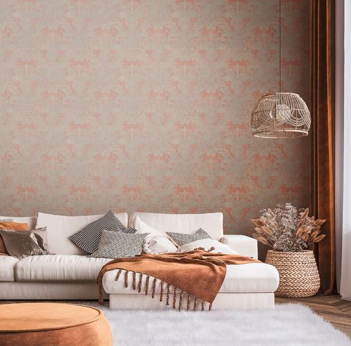 Non-woven Wallpaper Orange grey Oriental Damask 39119-2