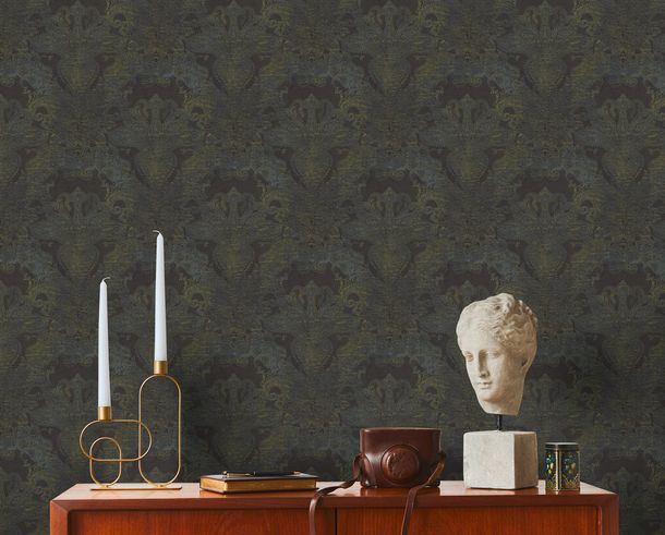 Non-woven Wallpaper Black Gold Oriental Damask 39119-5