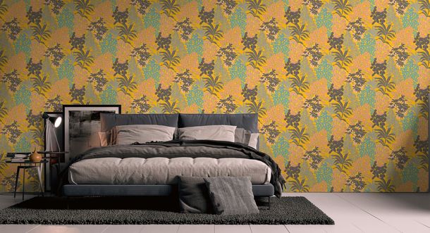 Non-woven Wallpaper Yellow Silver Metallic Flowers 39128-3