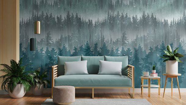 Wall Mural Teal grey Abstract Forest Fog 39181-3