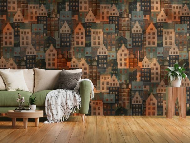 Wall Mural Blue Orange Urban Houses Village 39182-1