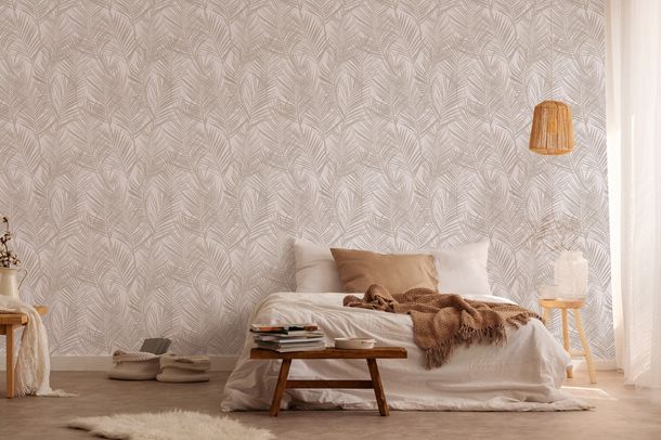 Non-woven wallpaper 39038-3 white pearl metallic ferns