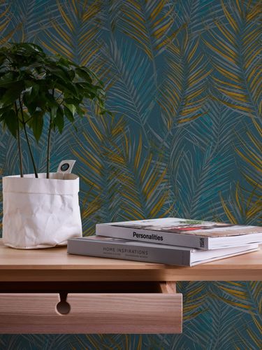 Non-woven wallpaper 39038-7 petrol yellow gloss ferns