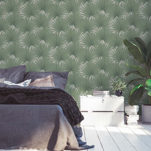 Non-Woven Wallpaper Green White Leaf Pattern 39090-1