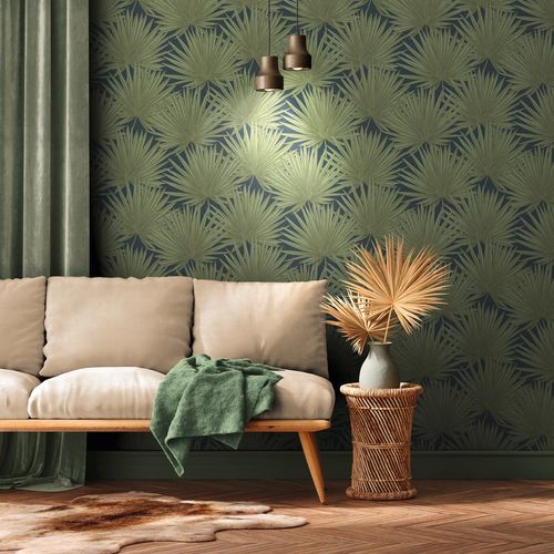 Non-woven wallpaper green blue leaf pattern Antigua 39090-5