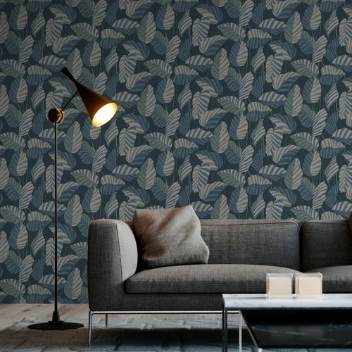 Non-Woven Wallpaper Blue Green White Leaf Pattern 39094-4