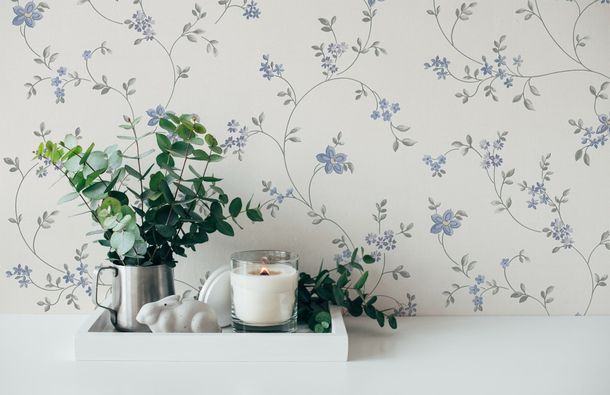 Non-woven wallpaper flowers white blue grey 39071-3