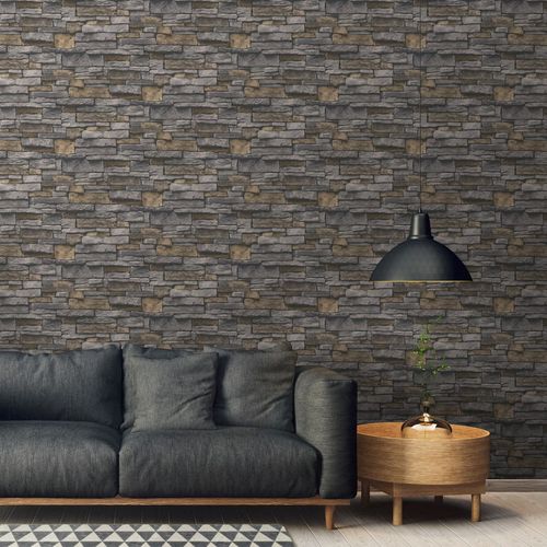 Non-woven wallpaper stone wall grey beige black 38813-1