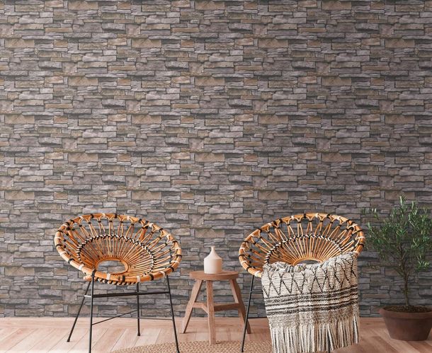 Non-woven wallpaper stone wall grey brown 38813-3