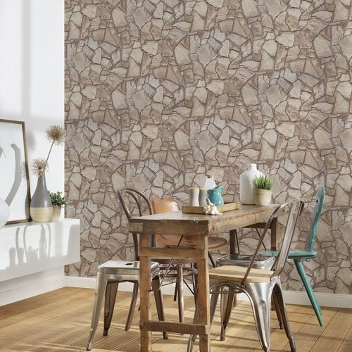 Non-woven wallpaper stone wall 3D look grey beige 3893-43