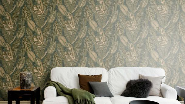 Non-woven wallpaper Rasch leaves green gold 751826 