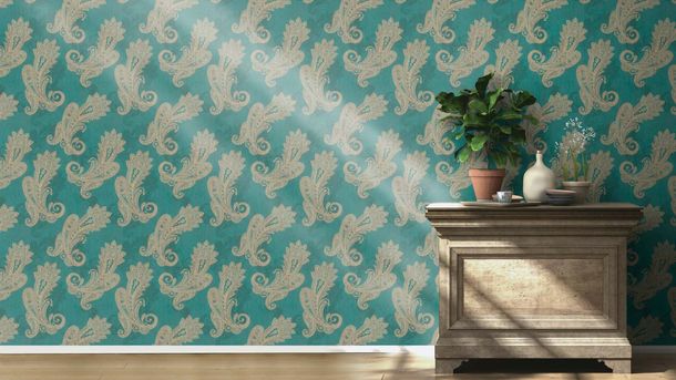 Non-woven wallpaper Rasch 746457 ornaments petrol gold